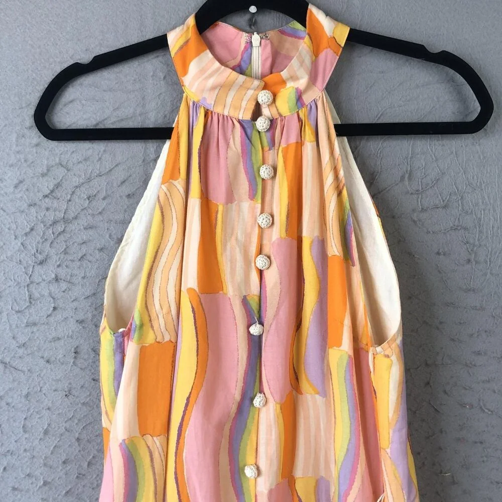 Fate Dress Womens Small Halter Neck Button Front Retro Boho Abstract Mod NEW - Picture 14 of 16
